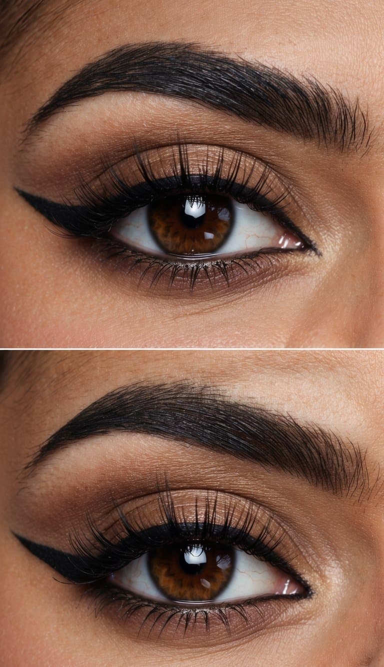 A close-up of a stylish and modern monochrome eye makeup look in warm walnut tones