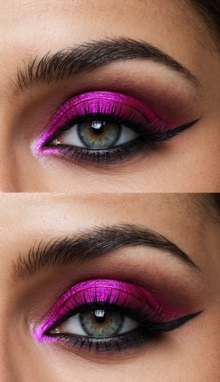 A close-up of a vibrant, monochrome eye makeup look with a bold, radiant ruby shade as the focal point