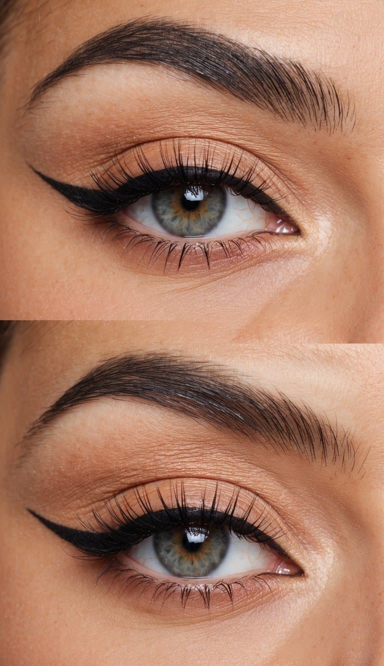 A sleek and modern monochrome eye makeup look with a focus on the color peach