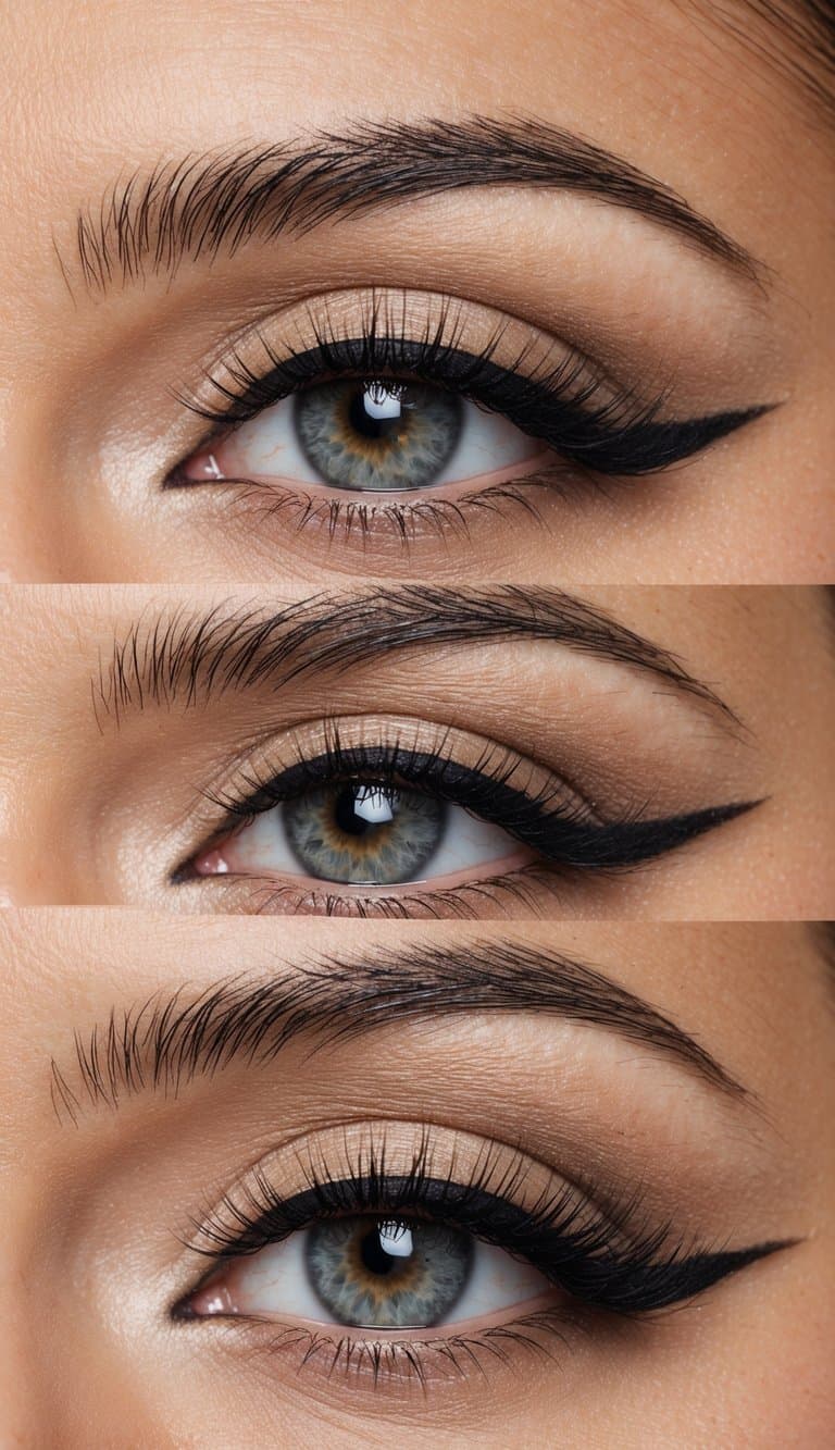 A close-up of a stylish and modern monochrome eye makeup look, featuring a cool beige 50 color palette