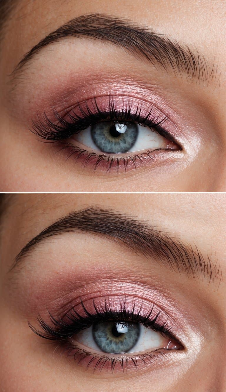 A close-up of a pair of eyes with a sultry and feminine pink smokey eye makeup look, with soft blending and shimmering accents