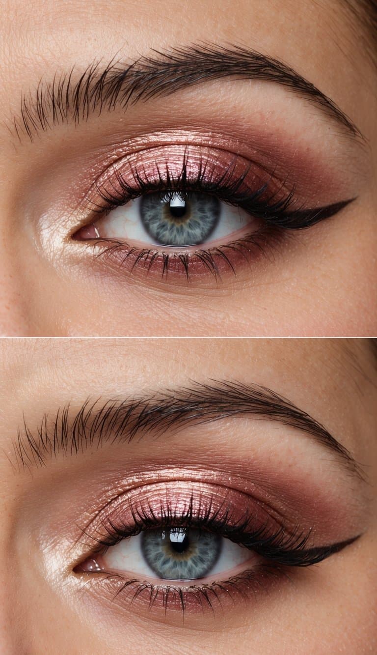 A close-up of a sultry pink smoky eye with rose gold cut crease, featuring shimmer and depth