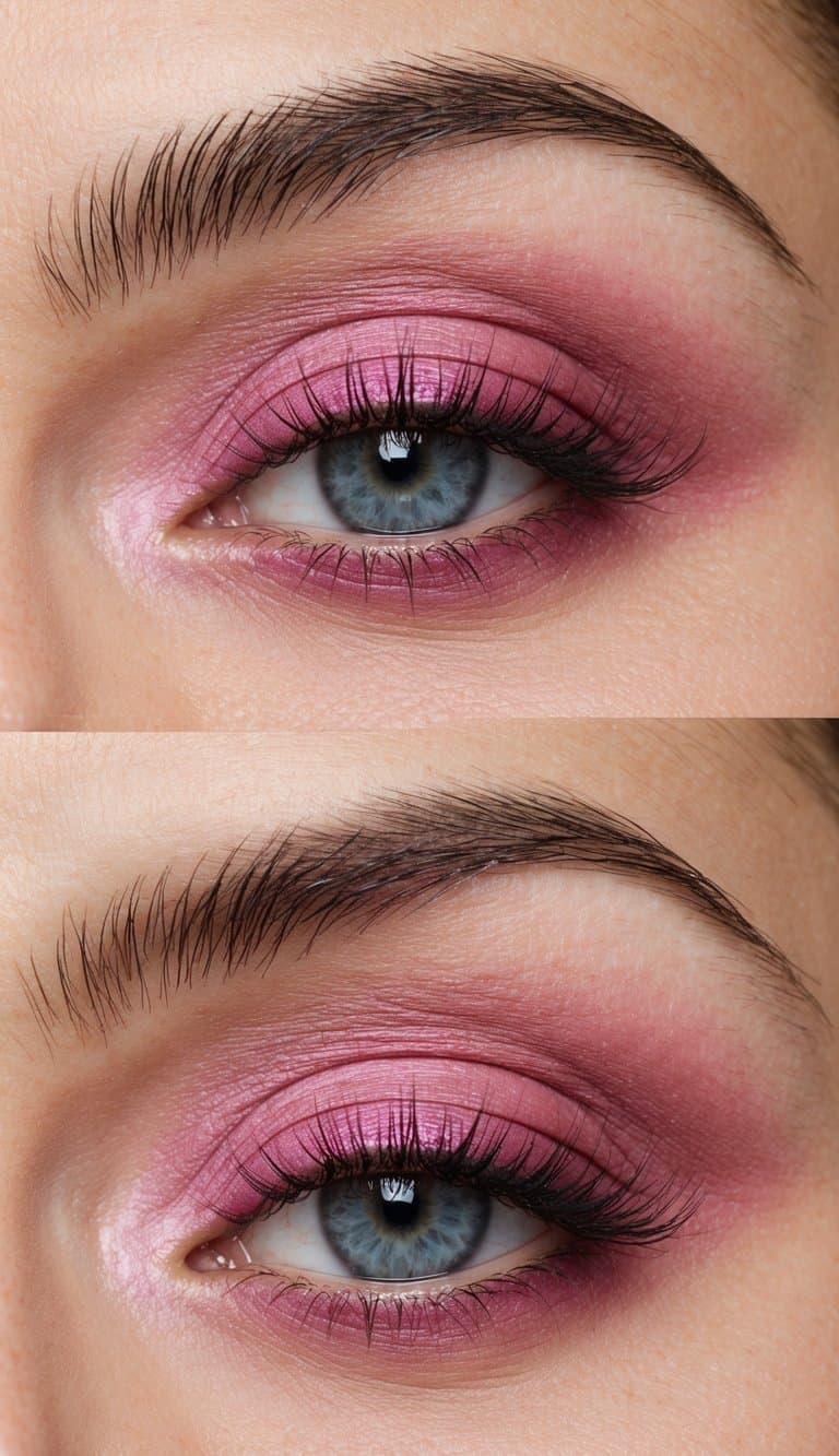 A close-up of a classic pink matte smokey eye makeup look, featuring shades of feminine and sultry pink