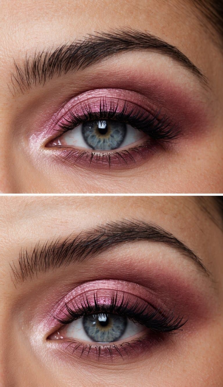 A close-up of a sultry pink smokey eye makeup look, with a focus on the intricate blending of mauve and pink undertones