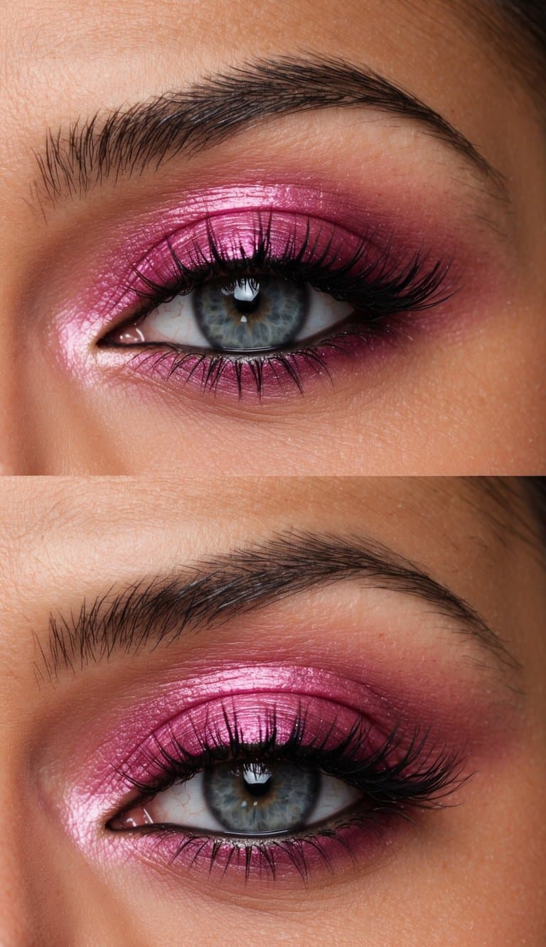 A metallic pink party look with sultry pink smokey eye makeup