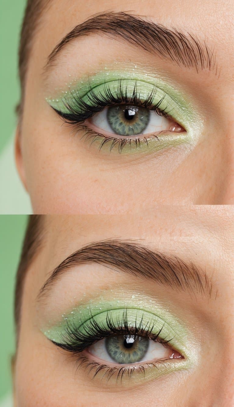 Soft pastel green eye makeup with celestial lime twinkle, set against a refreshing background