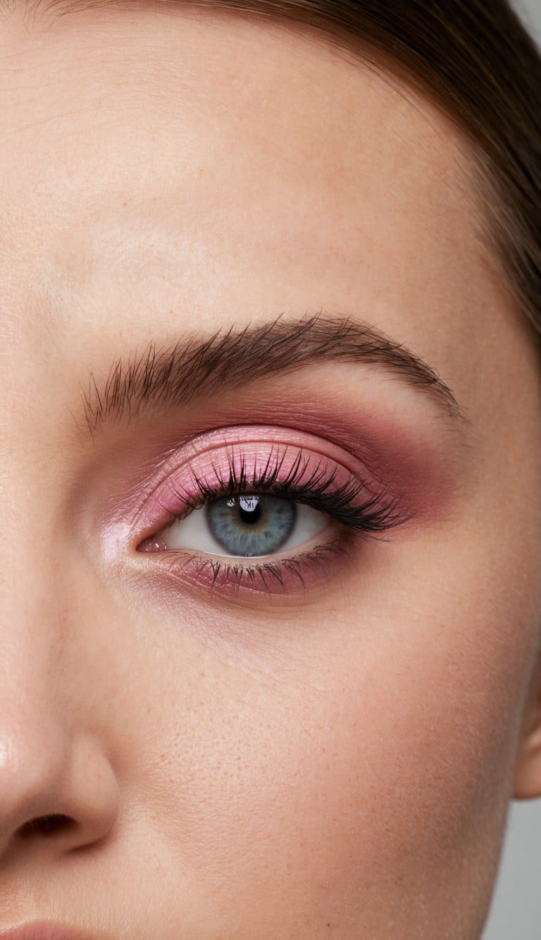 A close-up of a petal pink smokey eye makeup look with a soft, smudged appearance, exuding femininity and sultriness