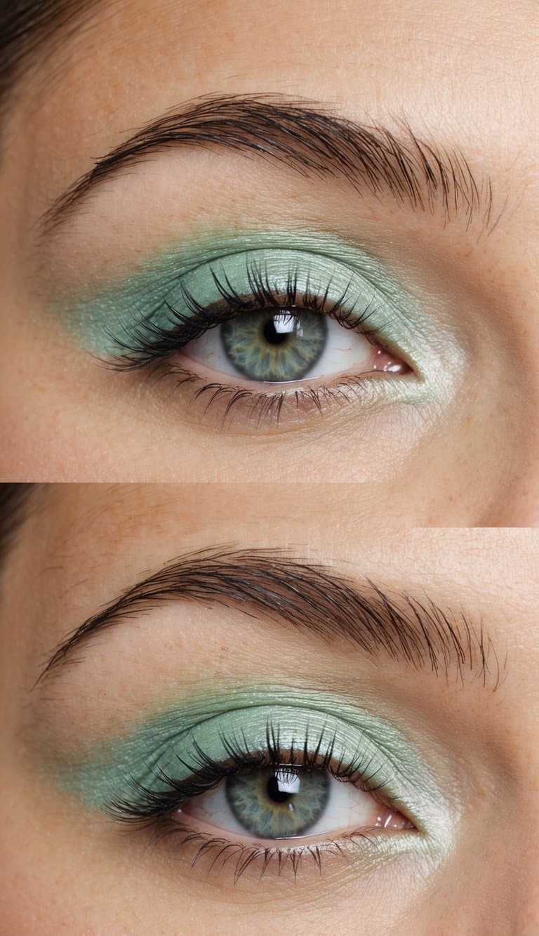 A close-up of an eye with soft pastel green eyeshadow, with a hint of shimmer, creating a refreshing and magical look