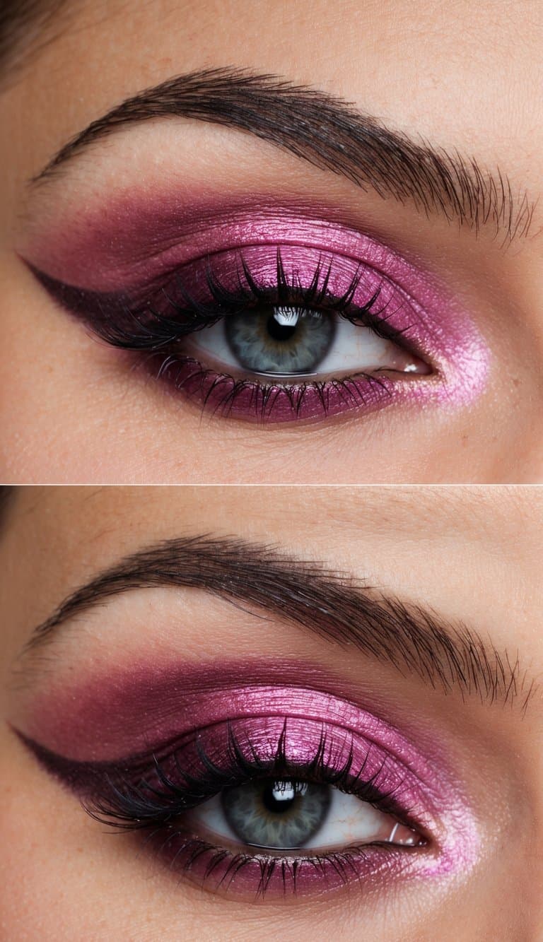 A close-up of a feminine and sultry pink smokey eye makeup look, with shimmering pink and deep plum eyeshadows blending seamlessly