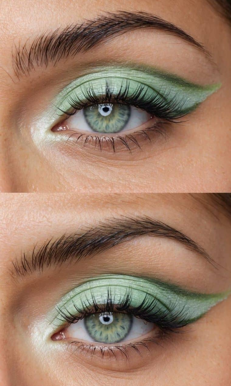 Soft pastel green eye makeup with cucumber mist theme, featuring delicate swirls and refreshing hues