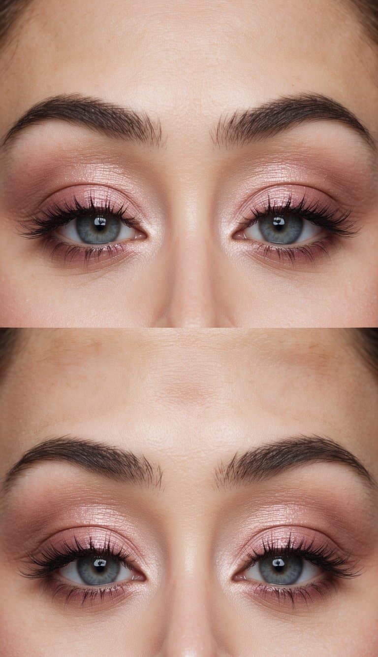 A soft, blush pink palette with hints of shimmer, creating a sultry and feminine smoky eye look