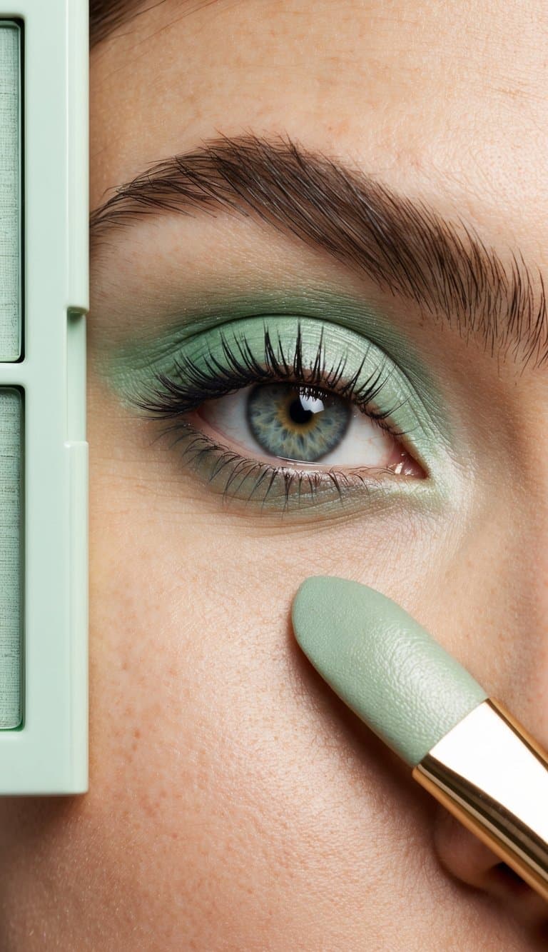 A close-up of a pastel green eyeshadow palette, with a soft brush applying the color to the eyelid
