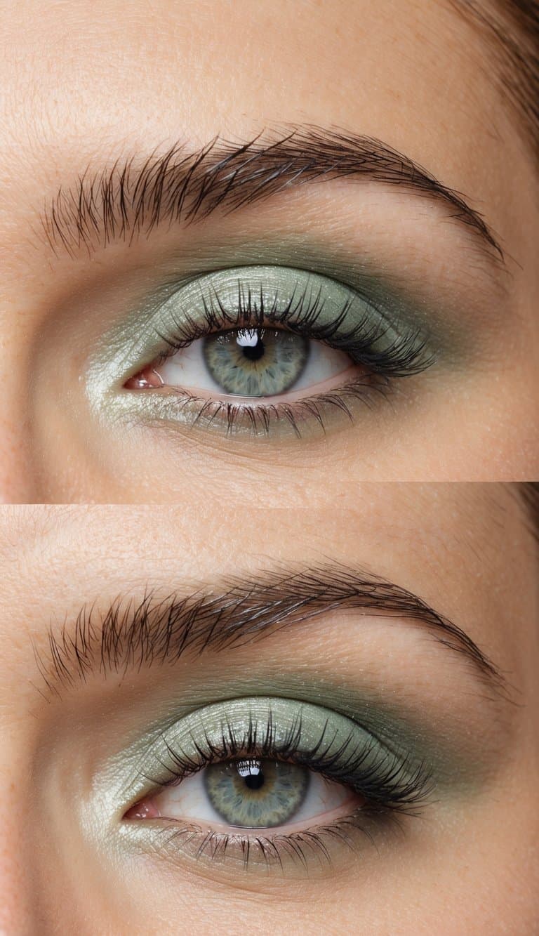Soft pastel green eye makeup on a closed eye, with a hint of shimmer and a touch of glamour