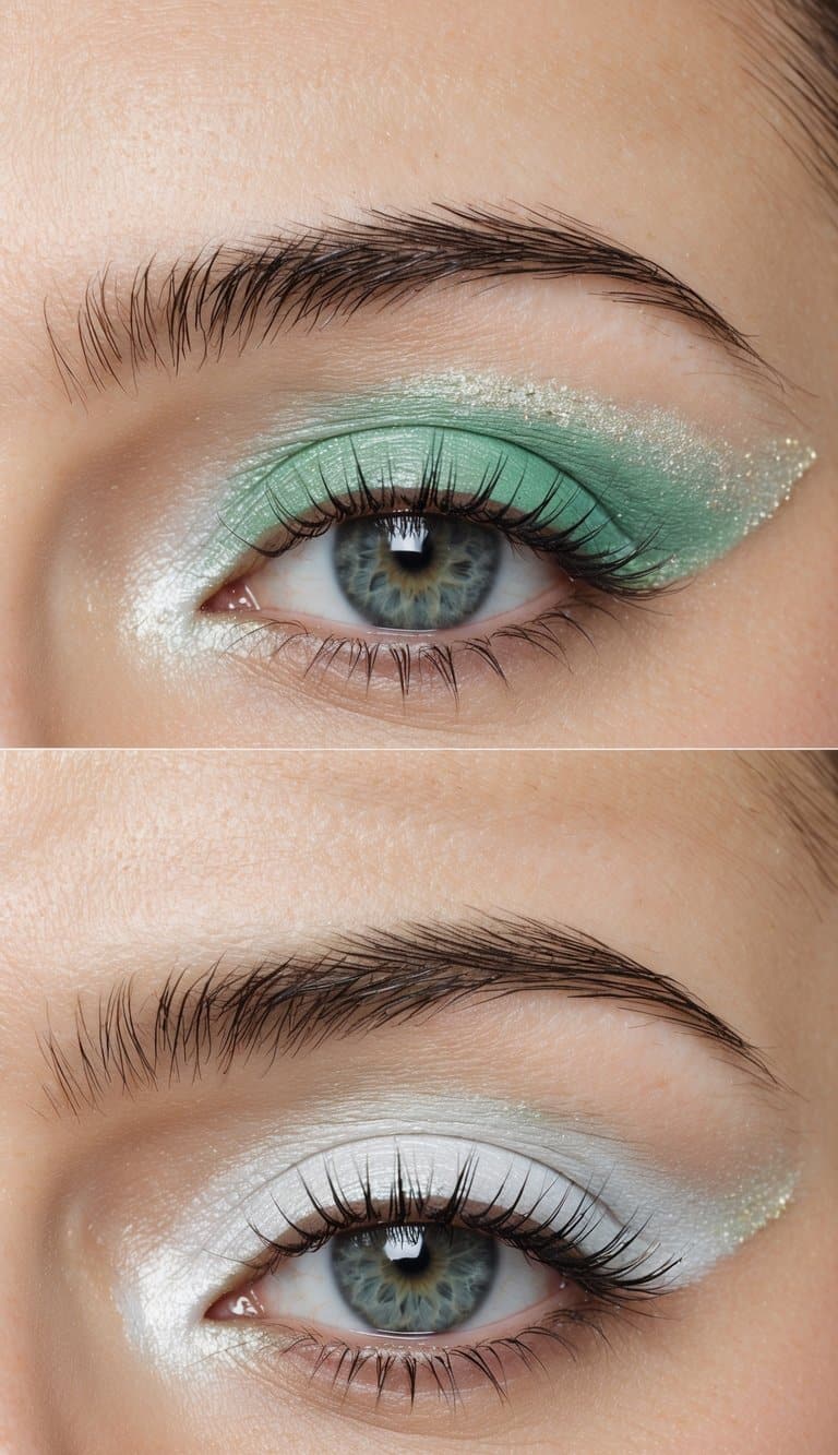 Soft pastel green eyeshadow blending into a shimmery white highlight, with a hint of spearmint shimmer on the inner corner of the eye