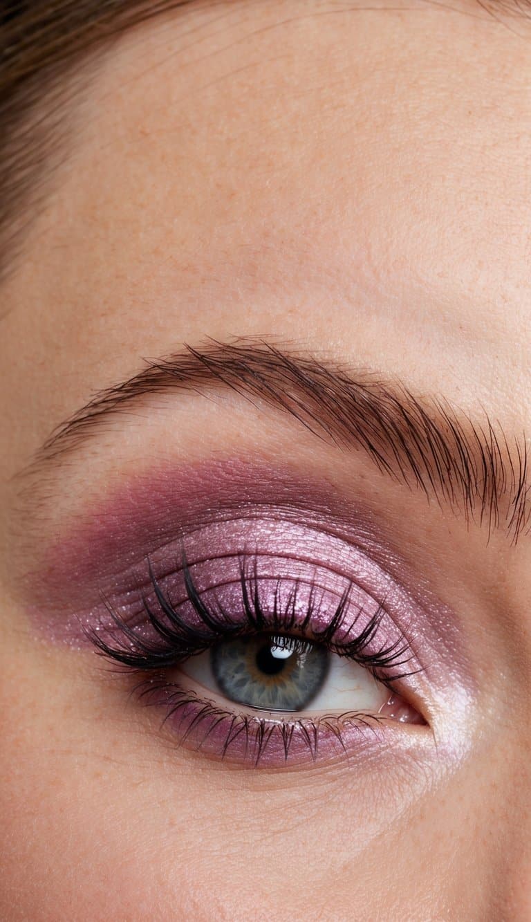 A close-up of lavender-pink eyeshadow blending into a sultry pink smokey eye look. Sparkling highlights add a feminine touch