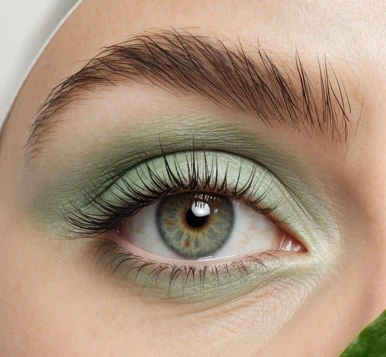Soft pastel green eye makeup on a clean, minimalist background with the color of natural elements like leaves for an eco-chic vibe