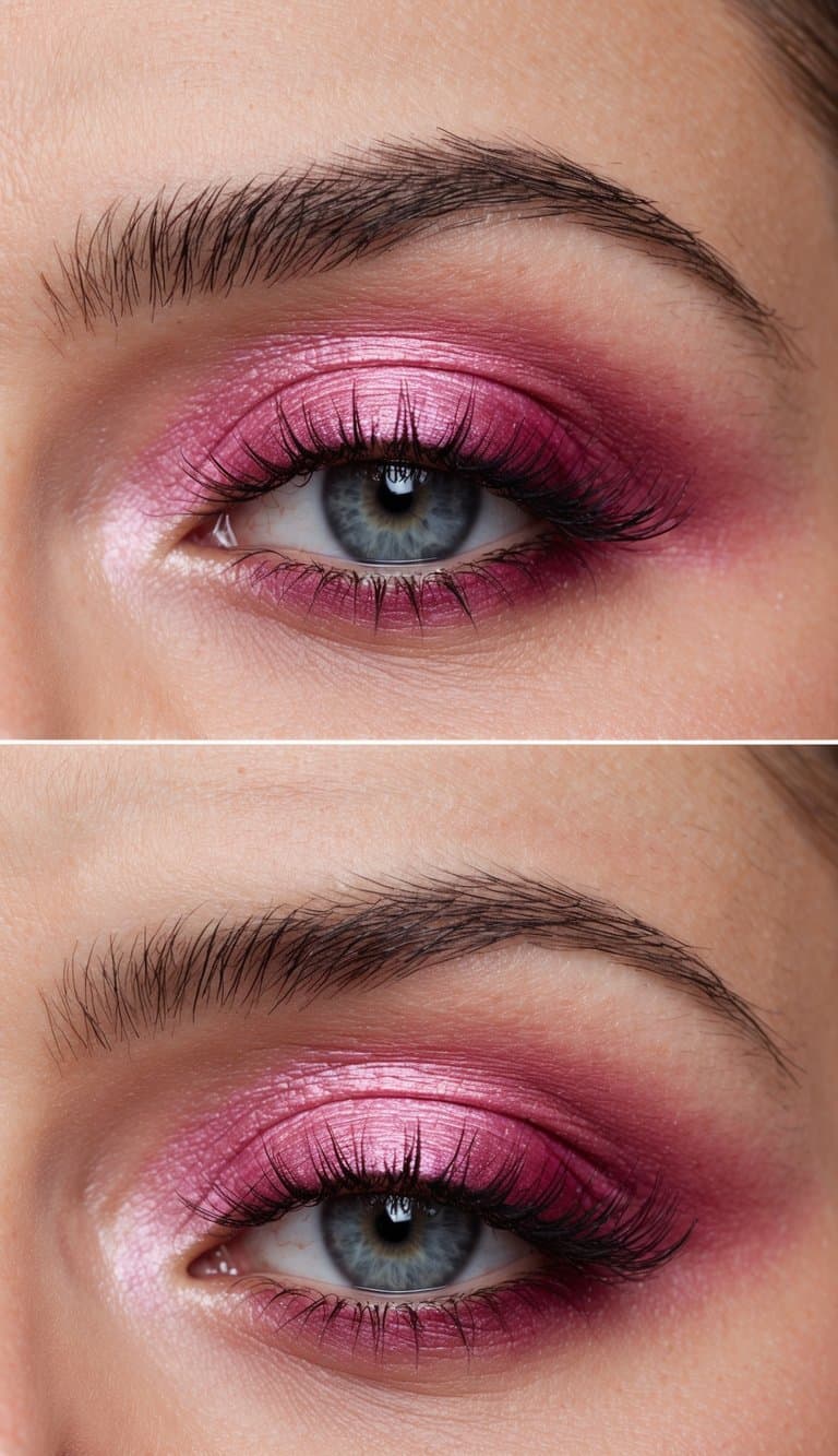 A soft pink glow illuminates a sultry, feminine pink smokey eye makeup look