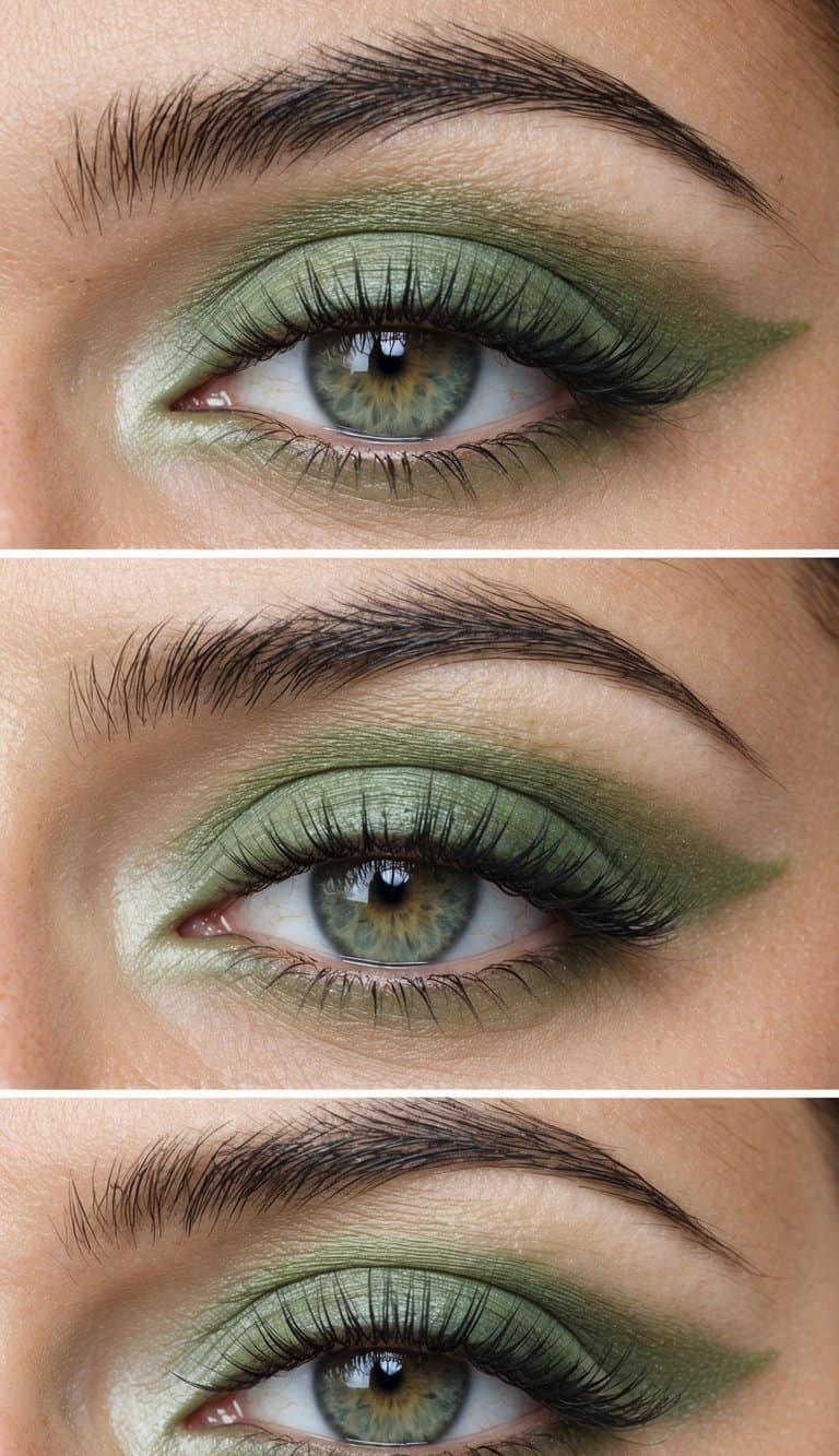 Soft pastel green eye makeup with a pop of pesto green, blending seamlessly for a refreshing and vibrant look