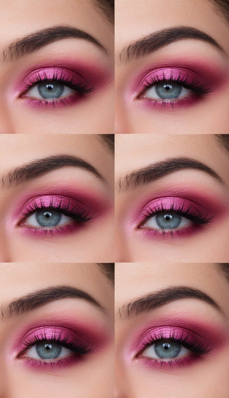 A soft, romantic setting with rosy hues and sultry lighting, showcasing various pink smokey eye makeup looks