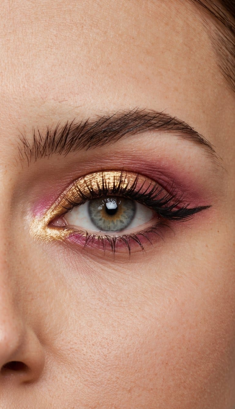 A close-up of a pink smokey eye with golden accents, exuding femininity and sultriness