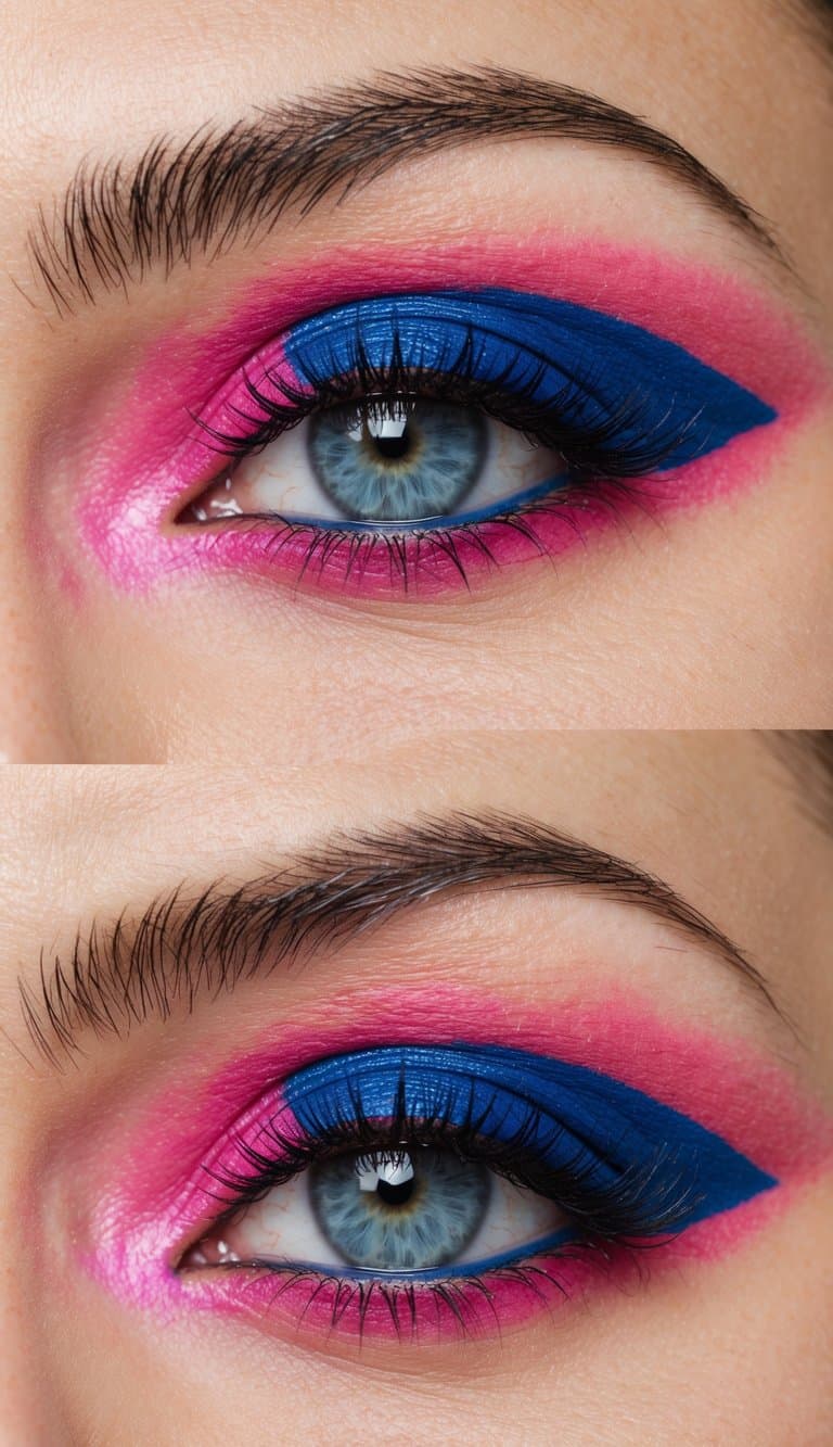 A close-up of vibrant pink and blue eye makeup on a smooth, neutral background