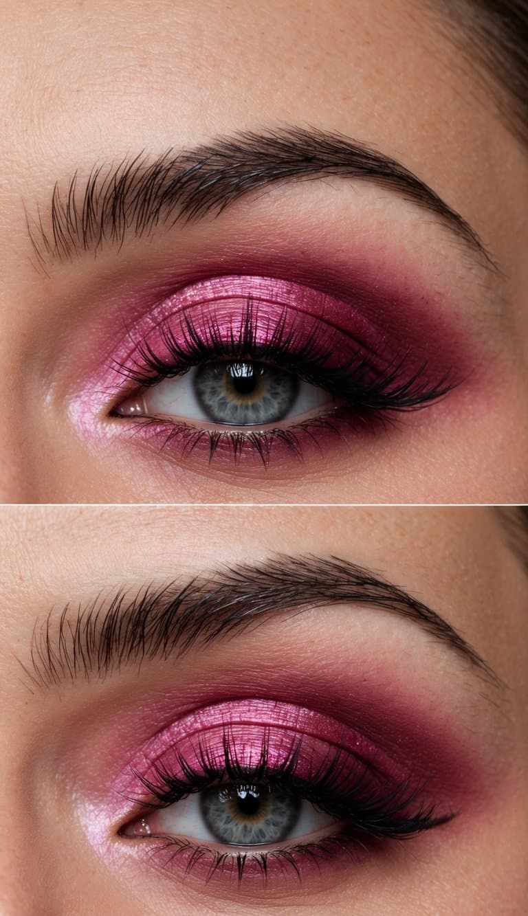 A close-up of a sultry pink smokey eye makeup look, with cranberry and pink tones creating a dramatic and feminine appearance