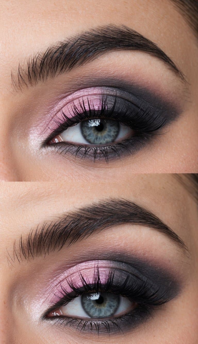 A close-up of a pink and grey smokey eye makeup look with a feminine and sultry aesthetic