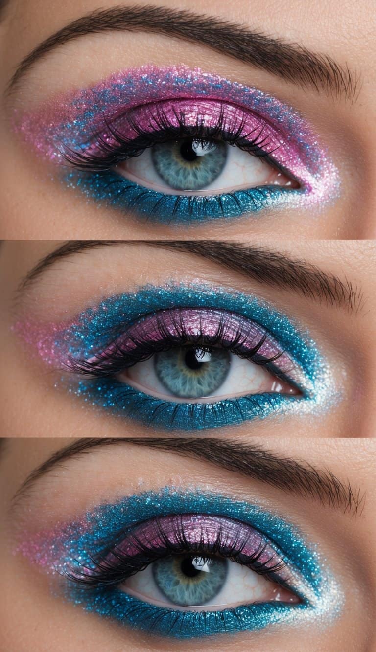 A swirling mix of iridescent pink and blue fairy dust, creating a vibrant and fun eye makeup look