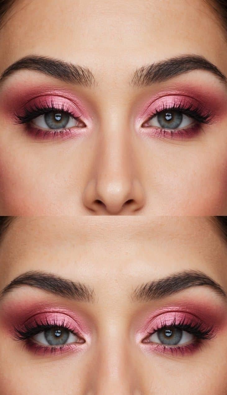 A close-up of a sultry pink smokey eye makeup look with elegant rosy tint, showcasing femininity and sophistication