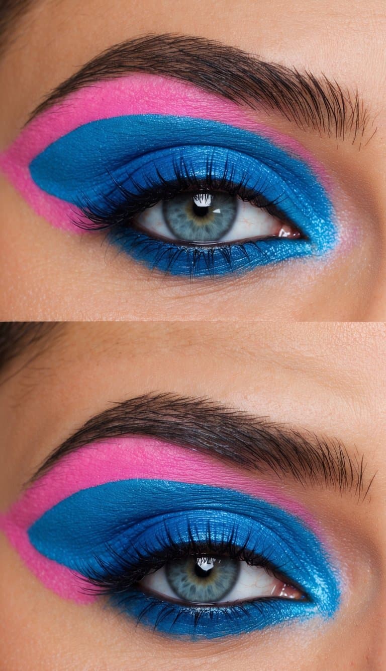A close-up of vibrant pink and blue eyeshadow blending together in a smokey eye look