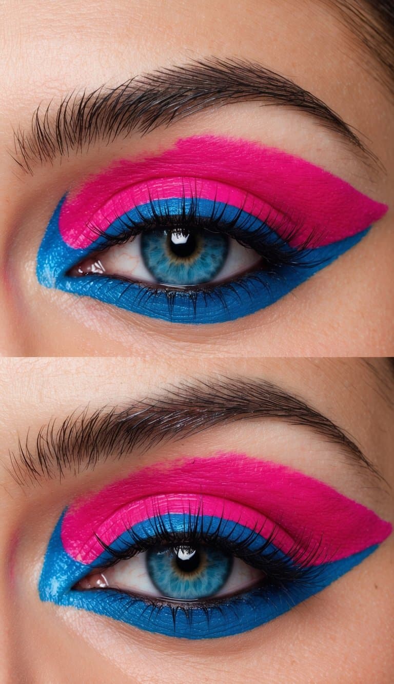 A close-up of vibrant pink and blue eye makeup, with playful and fun designs