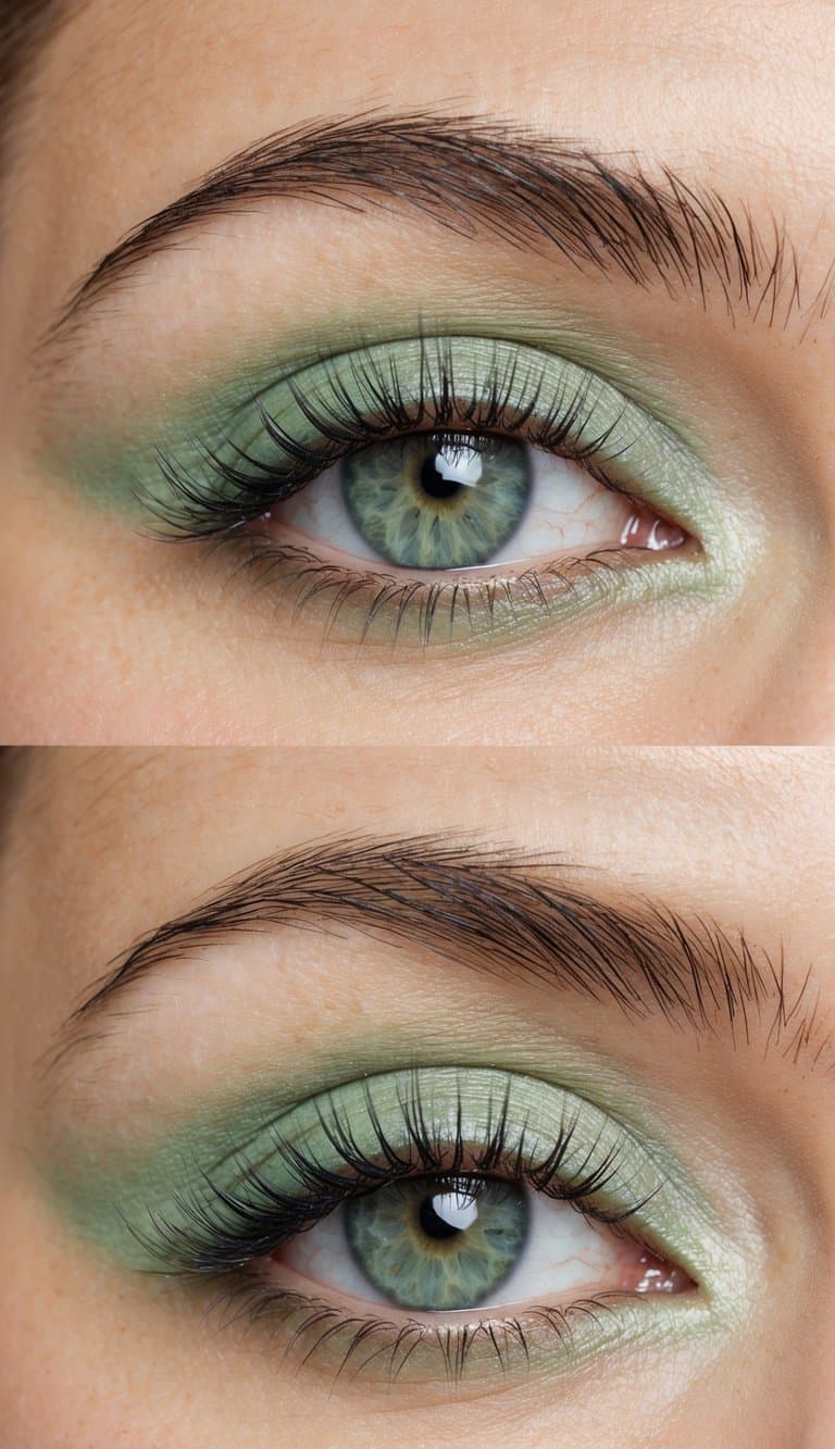 A close-up of a pair of eyes with soft and refreshing pastel green eye makeup, incorporating hints of algae green for a serene and natural look