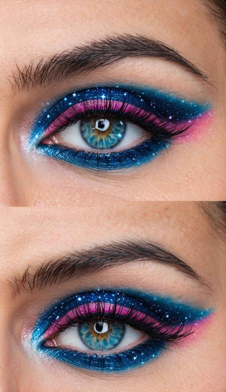 A starry night sky with vibrant pink and blue swirls