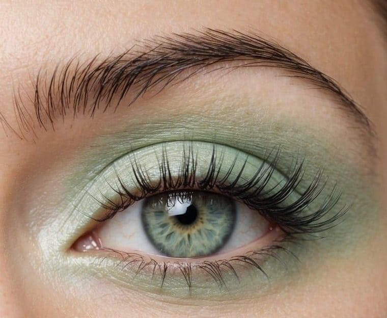A close-up of a minty pastel green eye with a soft and refreshing makeup look