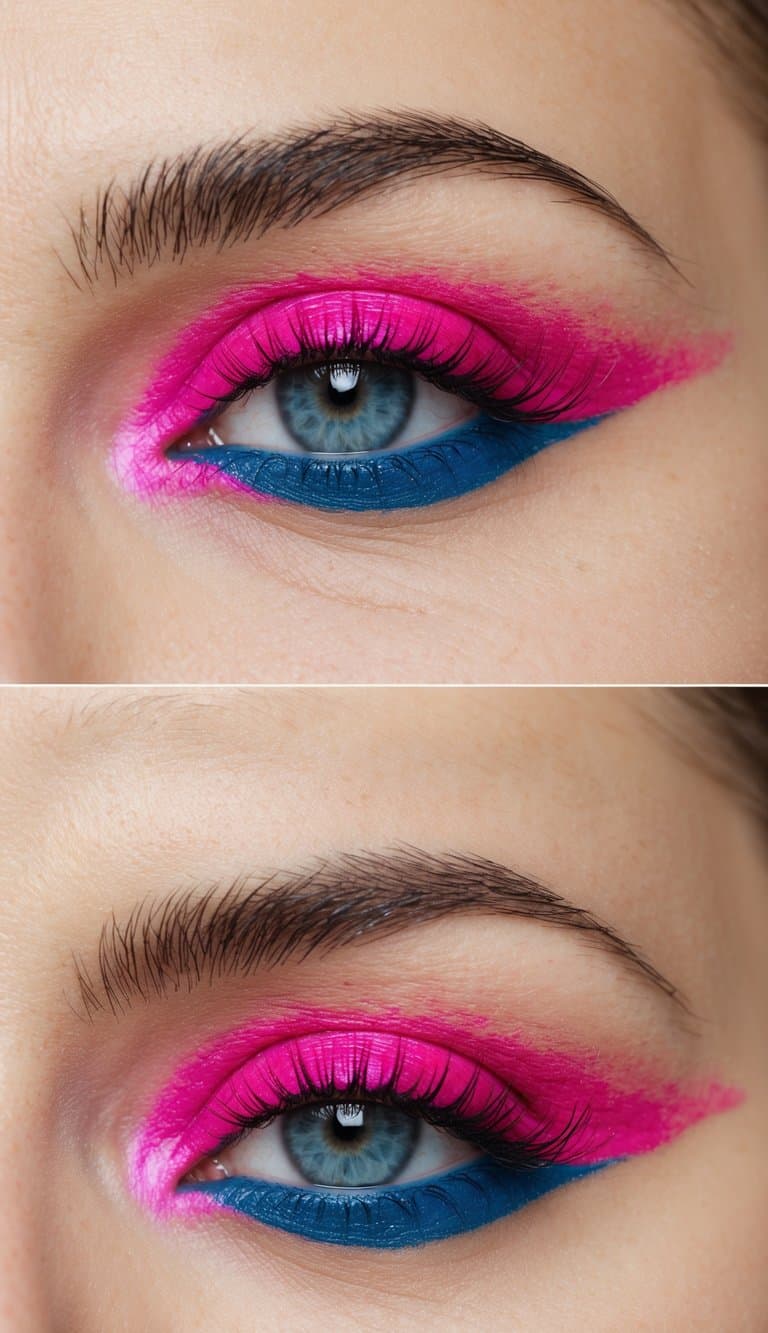 A close-up of vibrant pink and blue eye makeup on a smooth, clean surface with soft, diffused lighting
