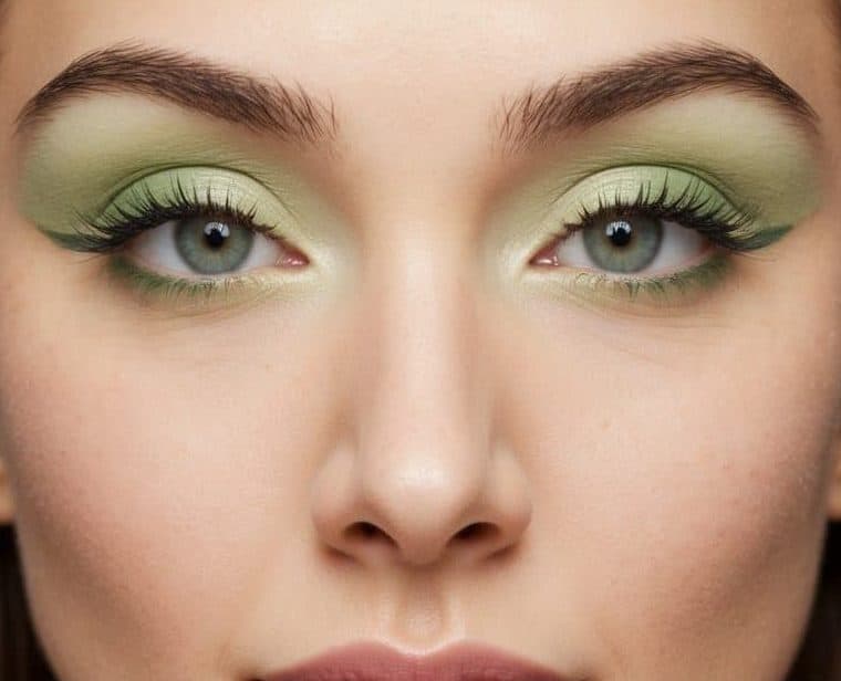 A close-up of a pair of eyes with soft pastel green eyeshadow, accented with artichoke green and a refreshing, light touch