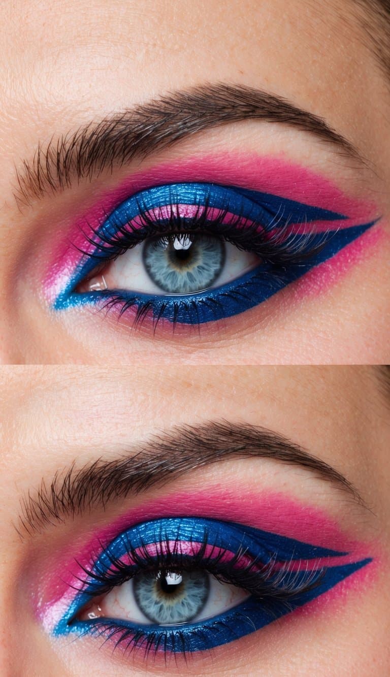 A close-up of vibrant pink and blue eye makeup, with intricate designs and shimmering details