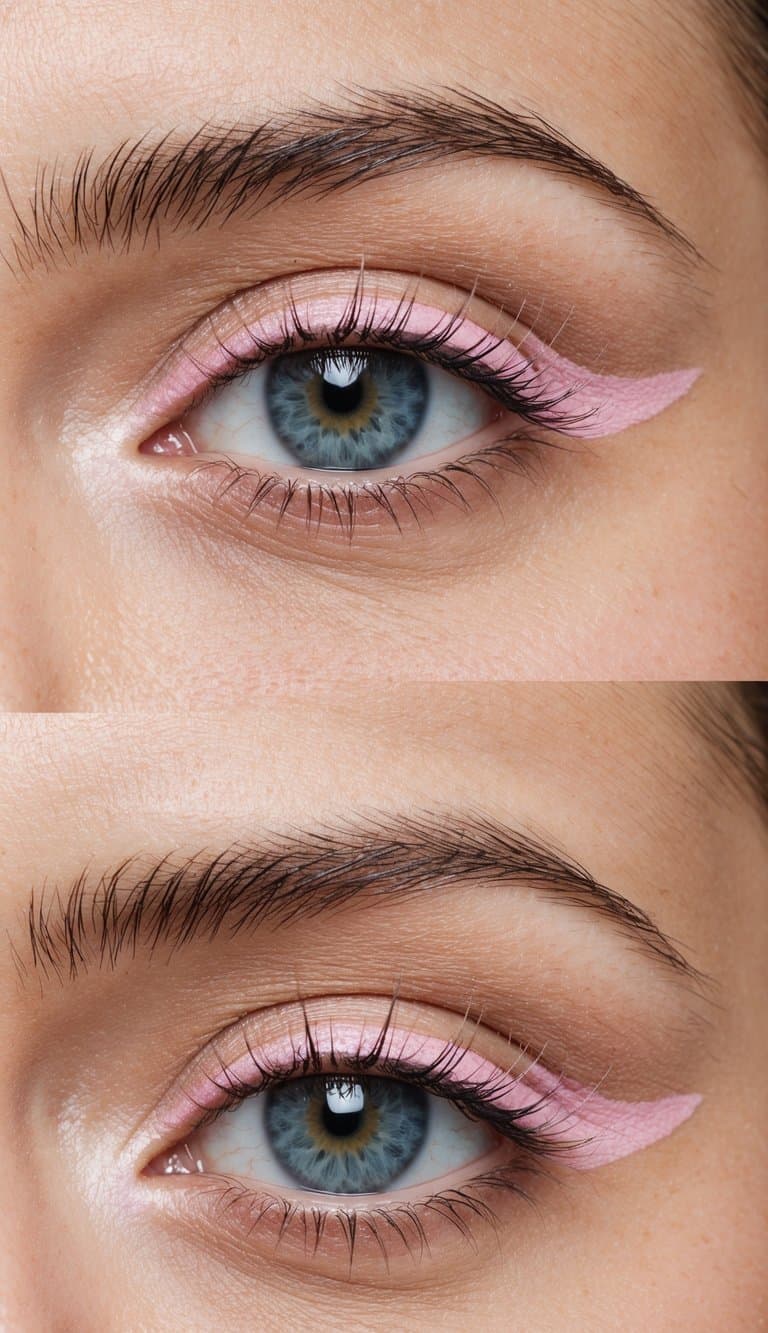 A close-up of an eye with pastel pink eyeliner creating a trendy winged look