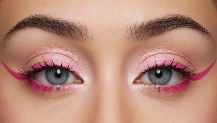 A soft pink cat eye makeup look with pastel wings and trendy pink liner