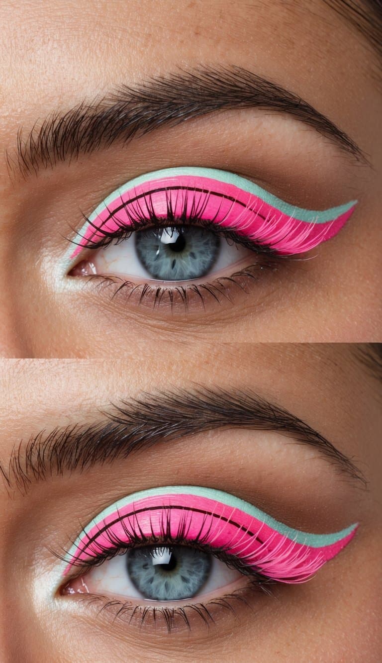 A close-up of a vibrant pink eyeliner design with graphic lines and pastel wings