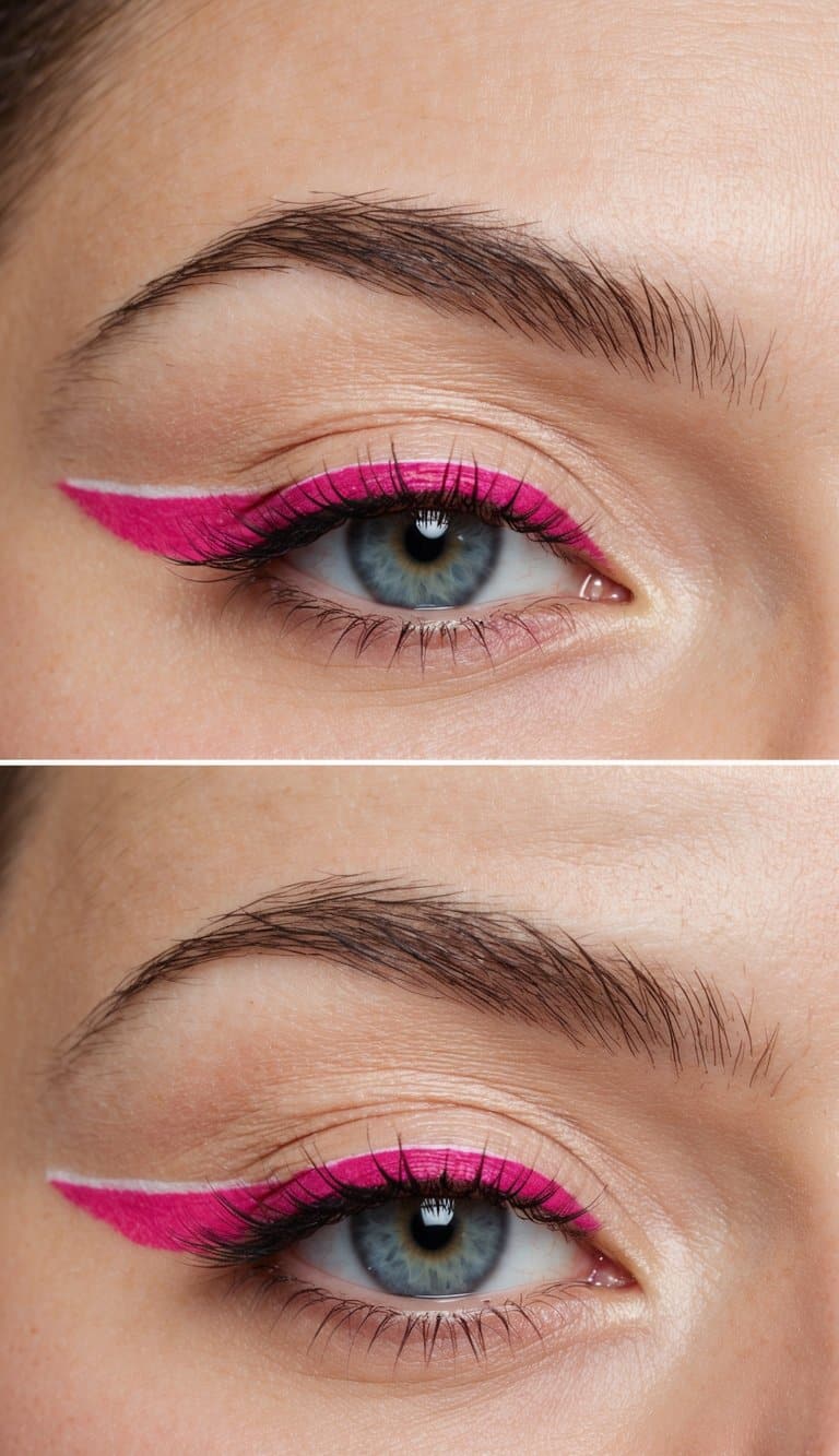 A close-up of peachy pink double lines on the eyelids, with pastel wings and bold pink liner