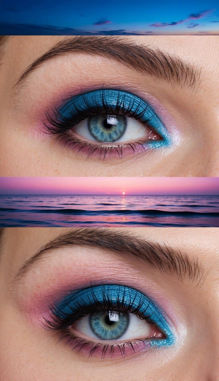 A seaside dusk with pink and blue hues reflected in the calm ocean waves, creating a vibrant and fun atmosphere for eye makeup inspiration