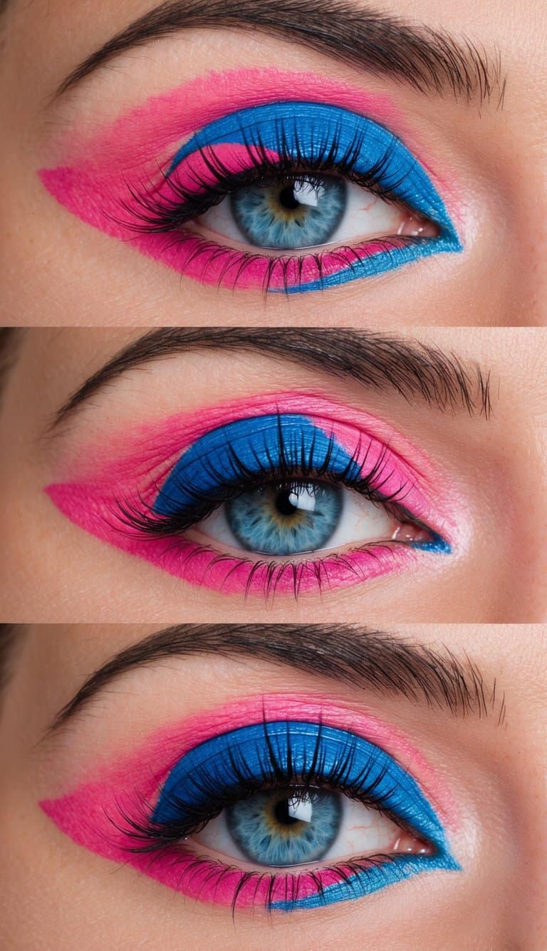 Vibrant pink and blue eye makeup with playful and fun designs
