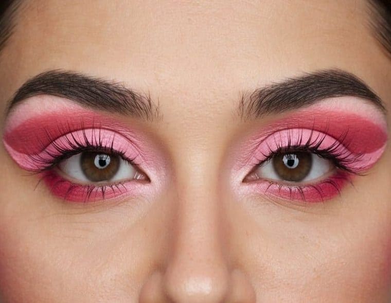 A watermelon-themed eye makeup look with pastel pink wings and trendy pink eyeliner
