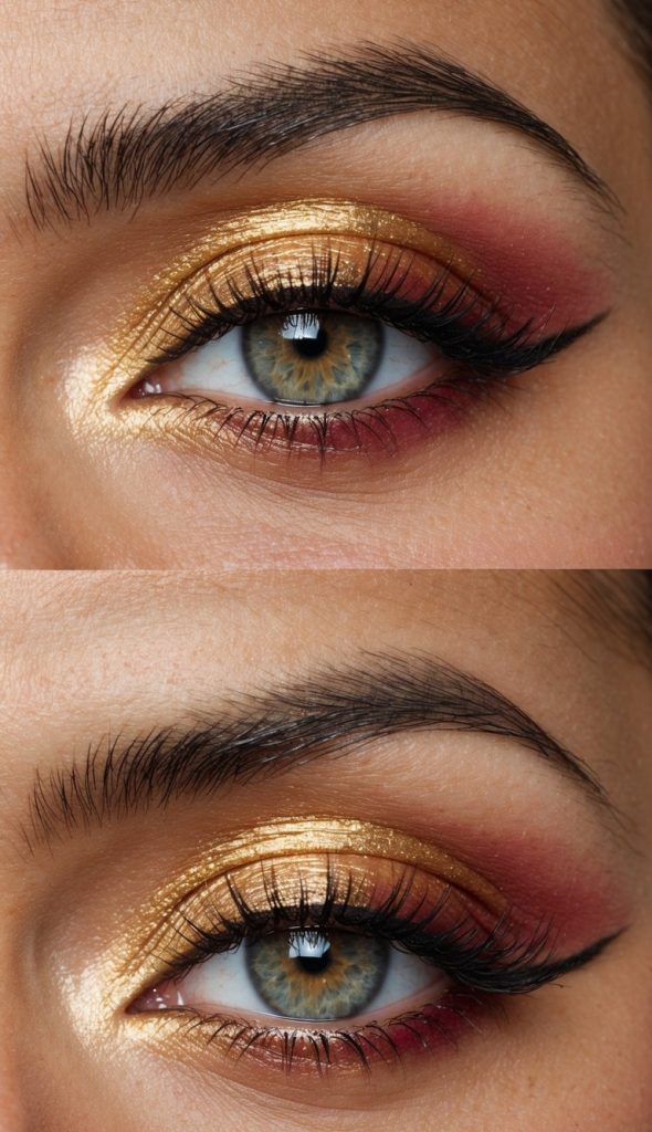 Close-up of two eyes featuring gold and burgundy eyeshadow with black eyeliner applied to the upper eyelid.