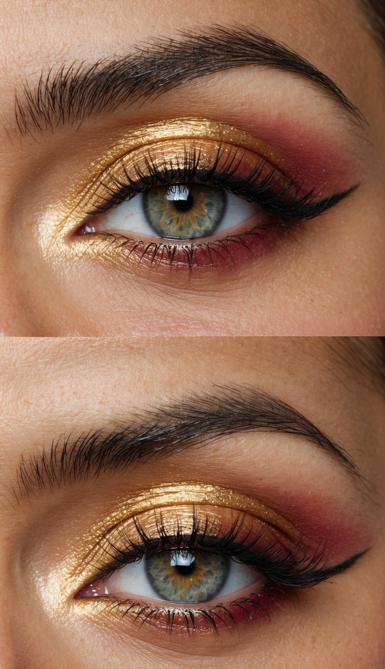 Close-up of two eyes featuring gold and burgundy eyeshadow with black eyeliner applied to the upper eyelid.