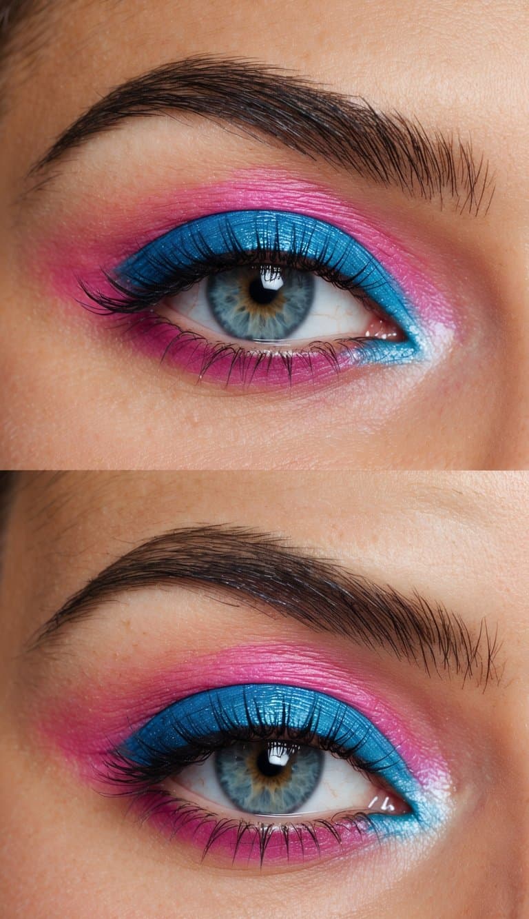 Vibrant pink and blue eye makeup palette with opalescent sheen