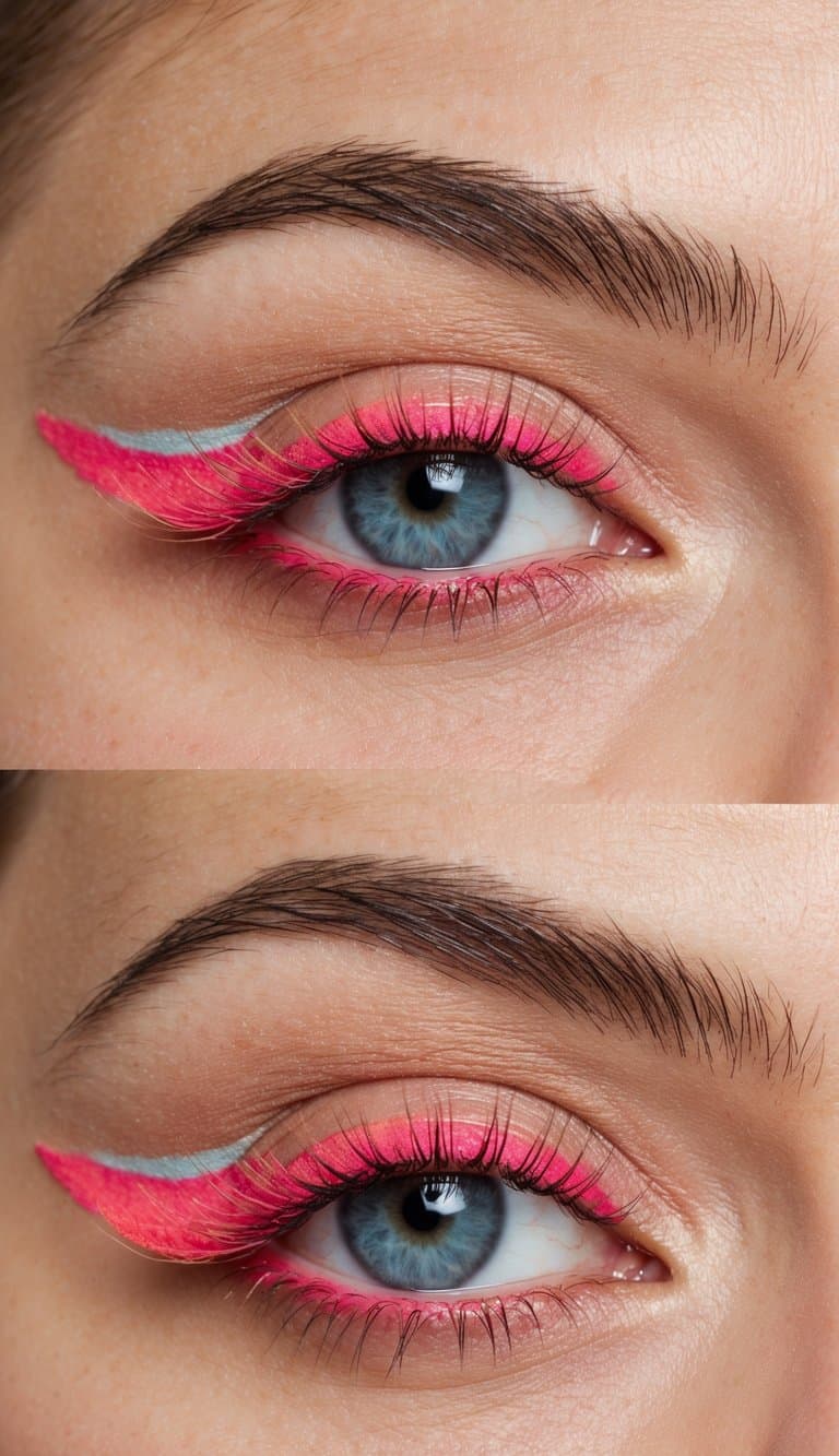 Coral pink vivid wings with pastel eyeliner, trendy and vibrant