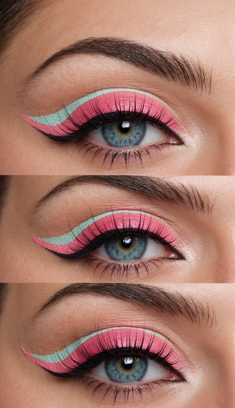 A watermelon pink eyeliner winged look with pastel accents