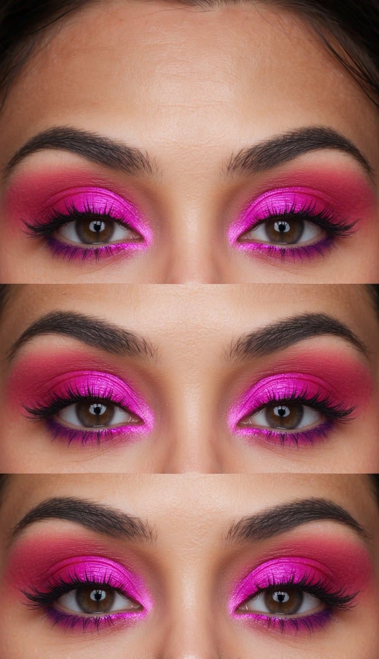 A close-up of vibrant pink and purple eye makeup with romantic and colorful tones